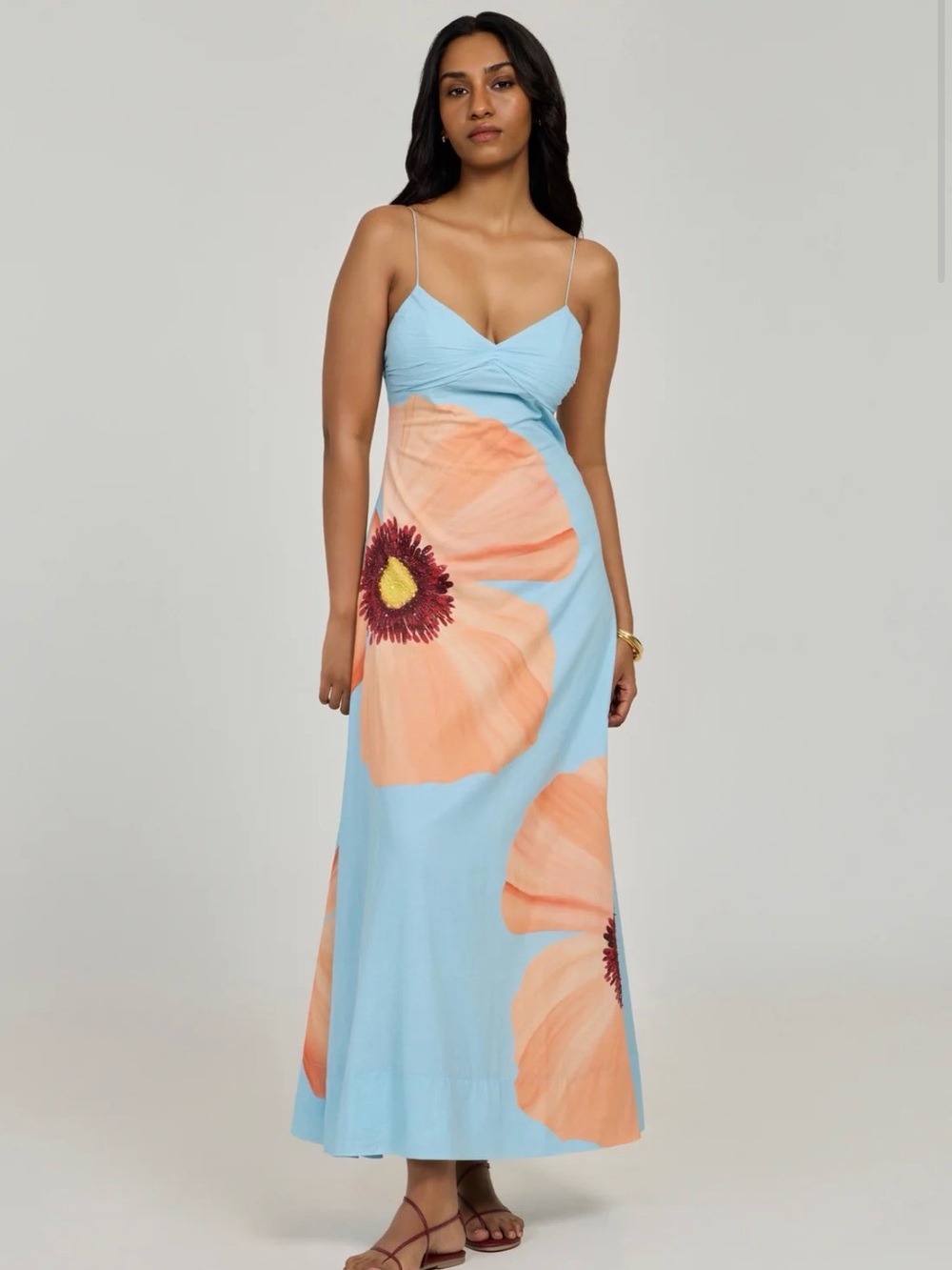 Anthropologie Blue Maxi Dress with Peach Floral Print